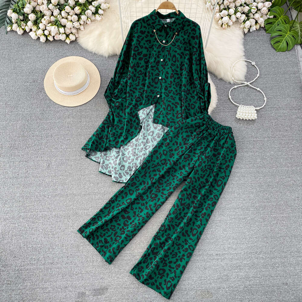 Fashion Womens Bat Sleeve Loose Irregular Single Breasted Leopard Print Shirt Two-piece Set High Waisted Wide Leg Pants Bifurcated Sexy Waist Short BO