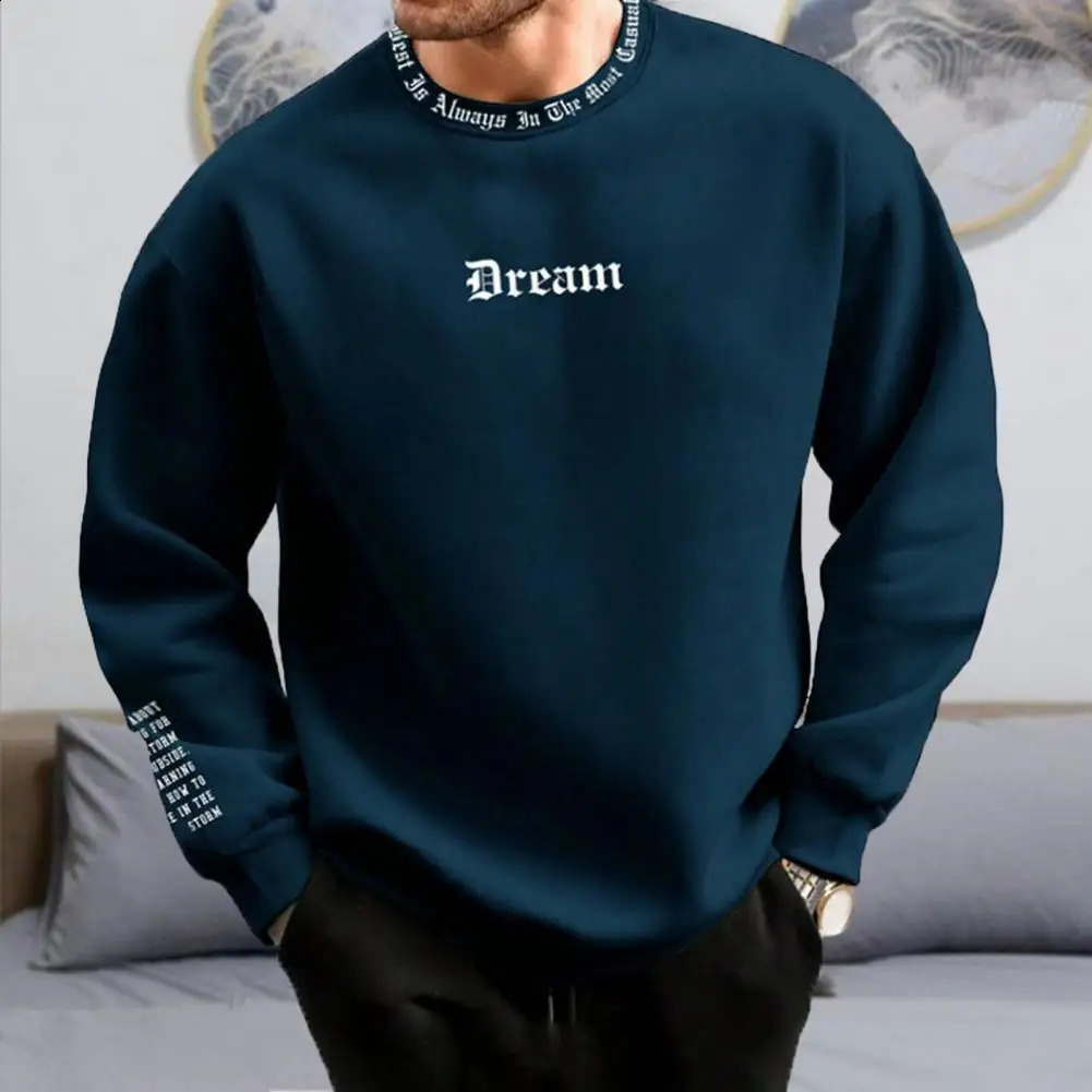 Men Fall Winter Sweatshirt Round Neck Long Sleeve Men Top Letter Print Thick Loose Warm Mid Length Men Casual Top 240820