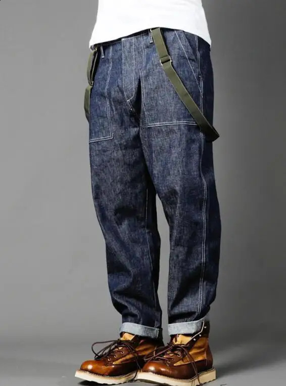 Mens Straight Shoulder Strap Jeans Loose Denim Overall Casual Multi Pocket Bib Jeans 240814