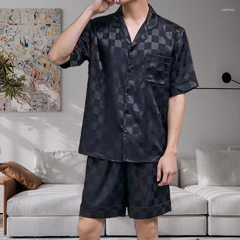 Men's Sleepwear Men Ice Silk Pajama Set Pajamas Nightclothes Shirts Shorts Black XL XXL 3XLSmooth Solid Color Casual