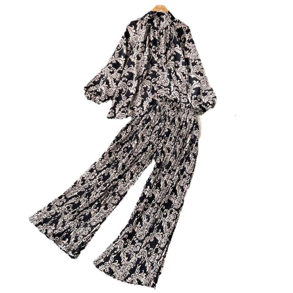Spring and Autumn Style Printed Womens Lantern Sleeve Half High Collar Loose Shirt+wide Leg Pleated Pants Two-piece Set Bifurcated Pregnant Womens Dre