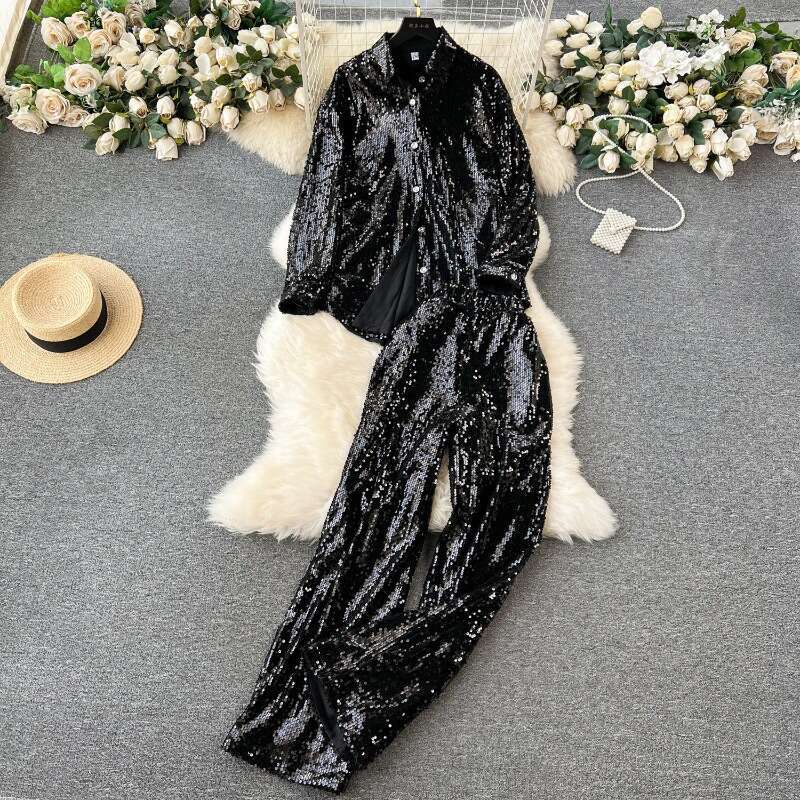 Fashionable Glittering Sequins Set with A Luxurious and Loose Long Sleeved Shirt+high Waisted Wide Straight Leg Pants Loose Sexy Novelty Silk Dress