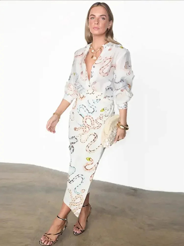 Snakes Printed Shirt Skirt Two Pieces Sets Long Sleeve Shirts High Waist Midi Skirts Women Set Spring Summer Female Streetwear 240715