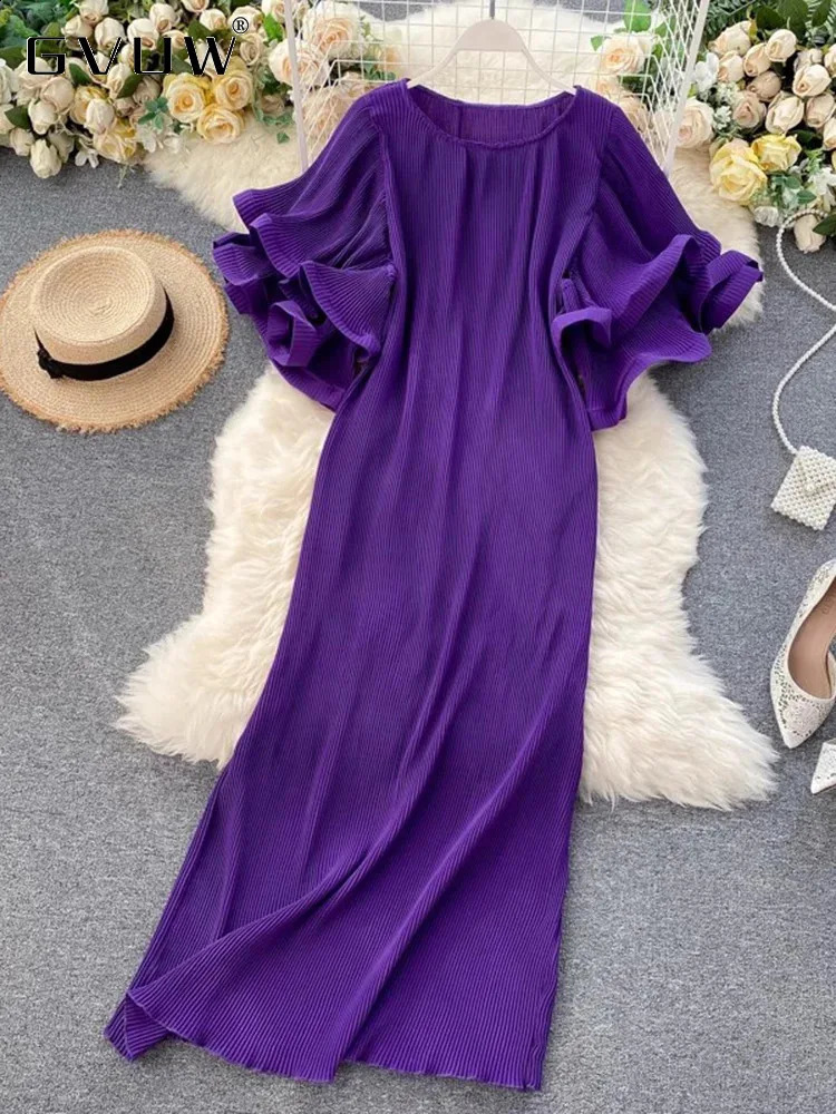 GVUW Pleated Ruffles Short Sleeve Dress Women Round Colalr A Line Solid Color Medium Long Lady Spring Clothing 17G4860 240723