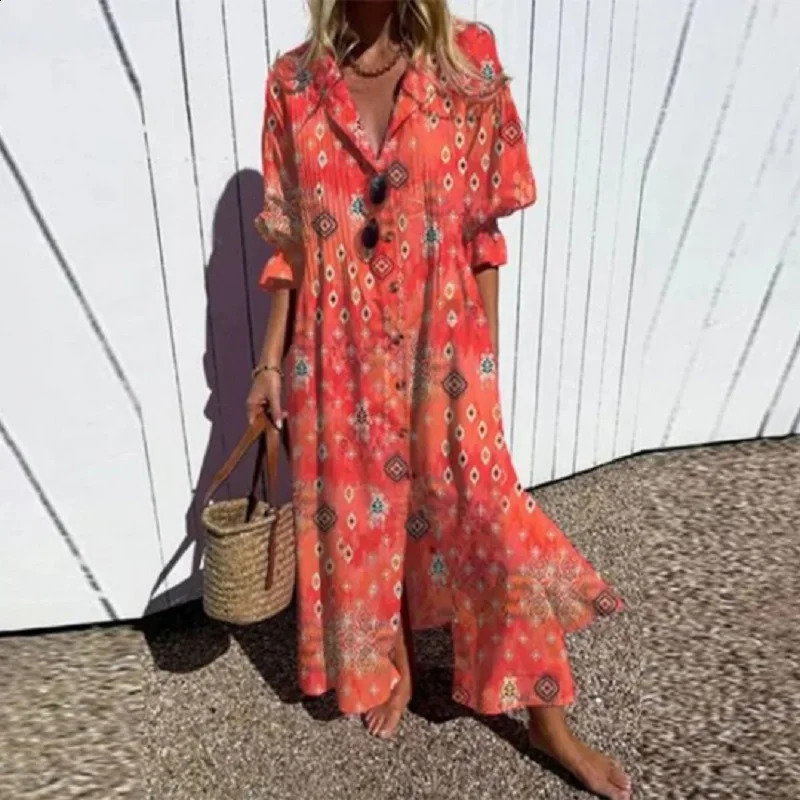 Women Retro Geometry Circle Print Long Dress Spring Single Breasted Lapel Shirt Dress Summer Puff Short Sleeve A-Line Boho Dress 240723