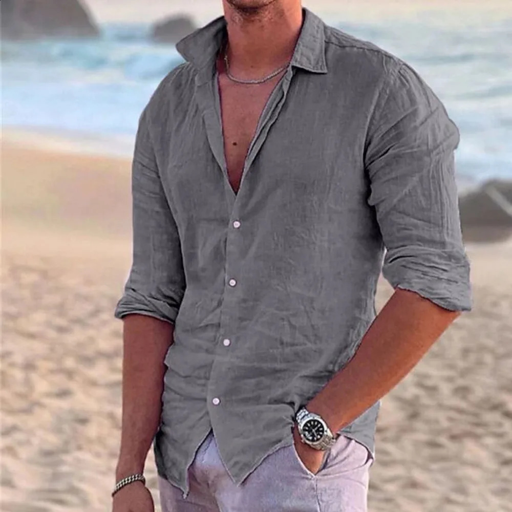 2024 Mens Shirt Cotton linen Fashion Casual Polo Neck Beach Shirt Long Sleeve Solid Hawaiian Holiday Shirts 240808