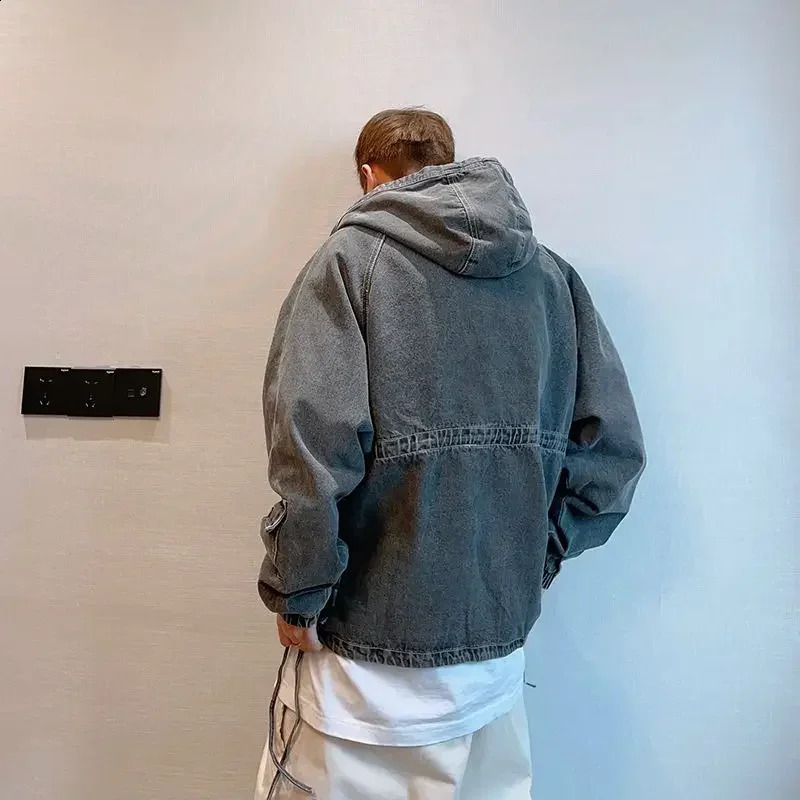 Spring Retro Workwear Tooling Hooded Denim Jackets Fashion Causal Loose High Street Hoodies Jacket Men Top Male Clothes 240722