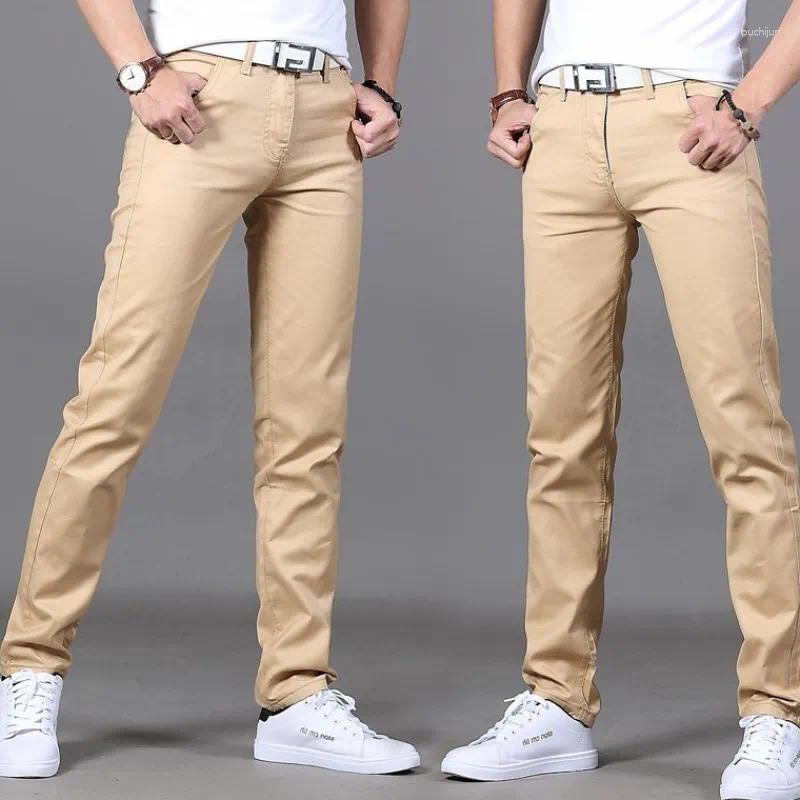Mens Pants 2024 Brand Spring And Summer 98% Cotton Men Business Slim Elastic Casual Black Khaki Fit Straight Pant Trousers Male