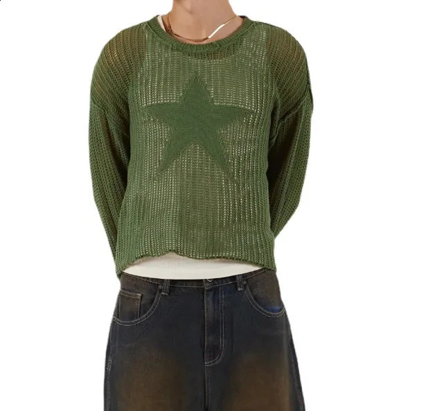 Autumn Retro Womens Sweater Hollow Outer 2000s Pentagram Print Pulleys Harajuku Grunge Y2k Knitted Jumper Smoking Top 240821