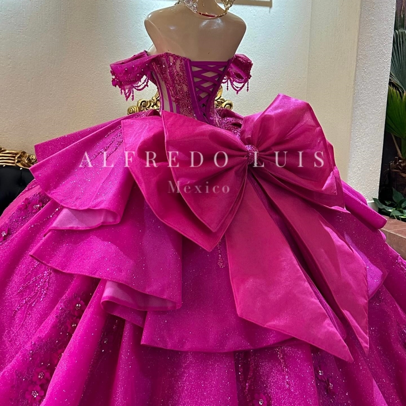Rose Red Shiny Off The Shoulder Crystal Beading Ball Gown Quinceanera Dresses Appliques Lace Beads Bow Tull Ribbons Corset Vestido De 15