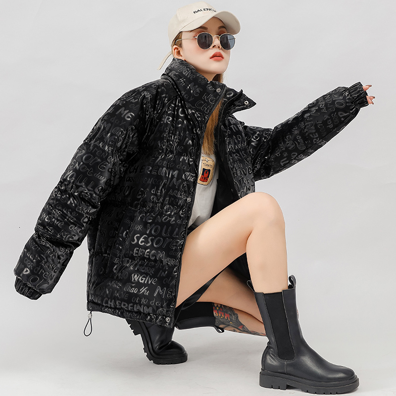 Winter American fashion brand leather women, Korean version, trendy loose collar jacket, letter reflective cotton jacket for men F723#88 8557d4