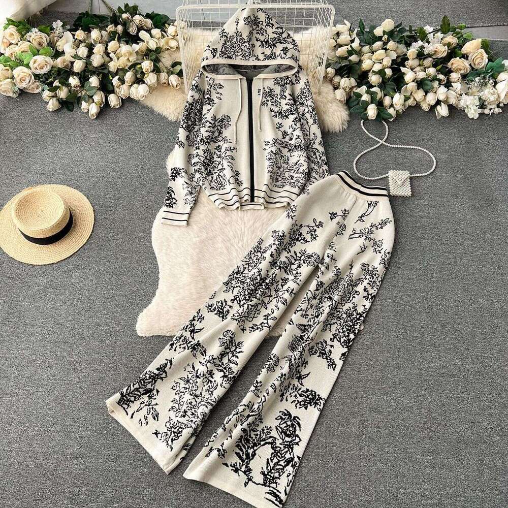 Leisure, Fashionable, Sports, Age Reducing Knitted Two-piece Set for Womens High-end Printed Hooded Sweater with High Waist and Wide Leg Pants BOHO DR