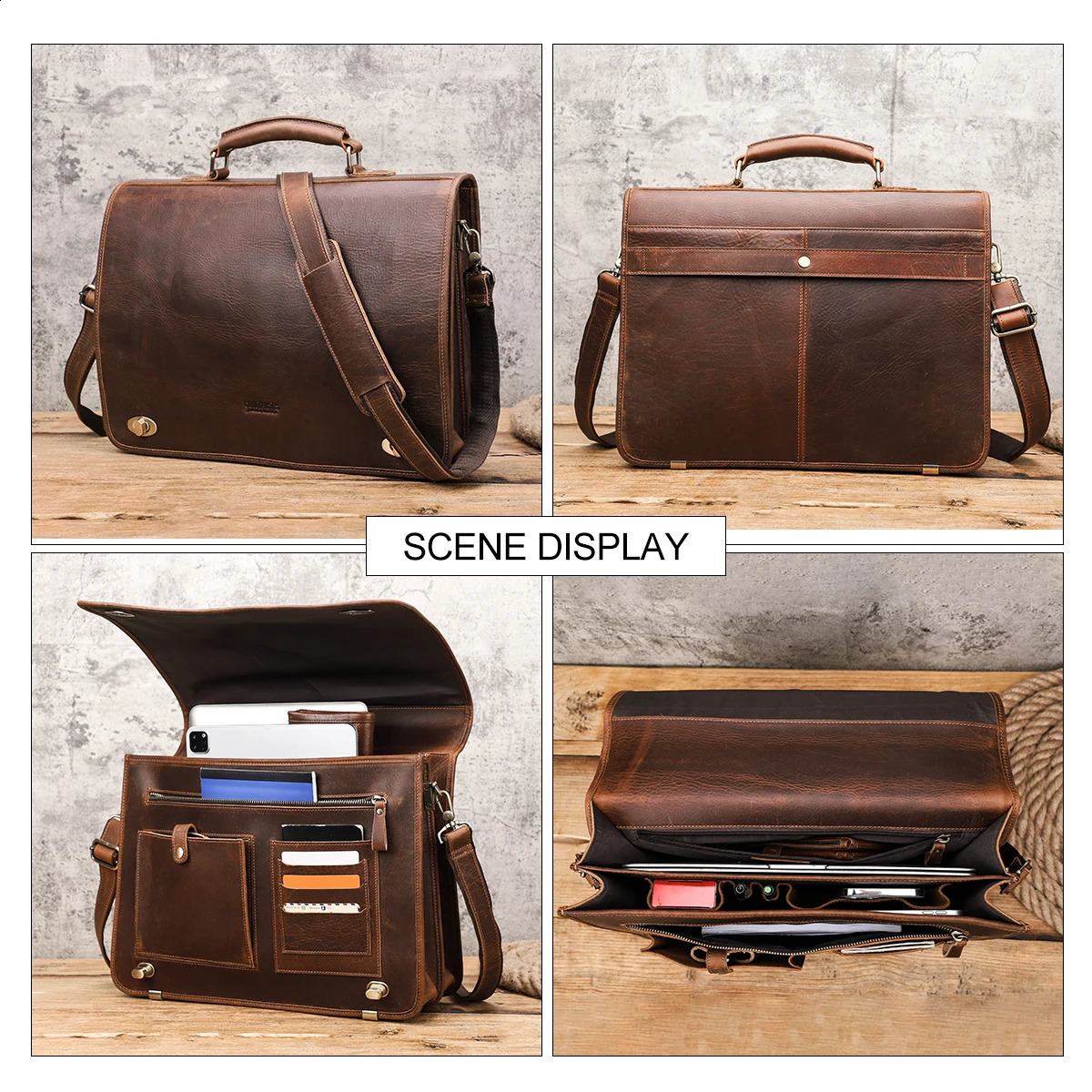Vintage Leather Men Briefcase for Business Portfolio Document Laptop 15.4 inch Suitcase Mens Shoulder Messenger Bag