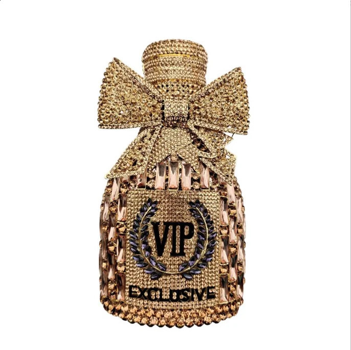 Gold Bow Champagne Bottle Clutch Women Wedding Purses Crystal Clutches Rhie VIP Wheat Ear Pattern Prom Dinner Bag 240822 2371 4