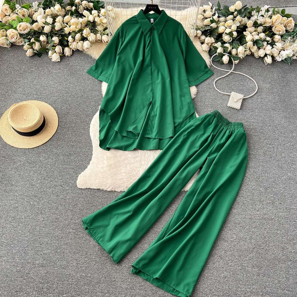Wind High-end Fashion Set, Summer Loose and Slimming Print Shirt, High Waist Drape, Wide Leg Pants Bifurcated Novelty Loose Lace Dress Oversize Dress