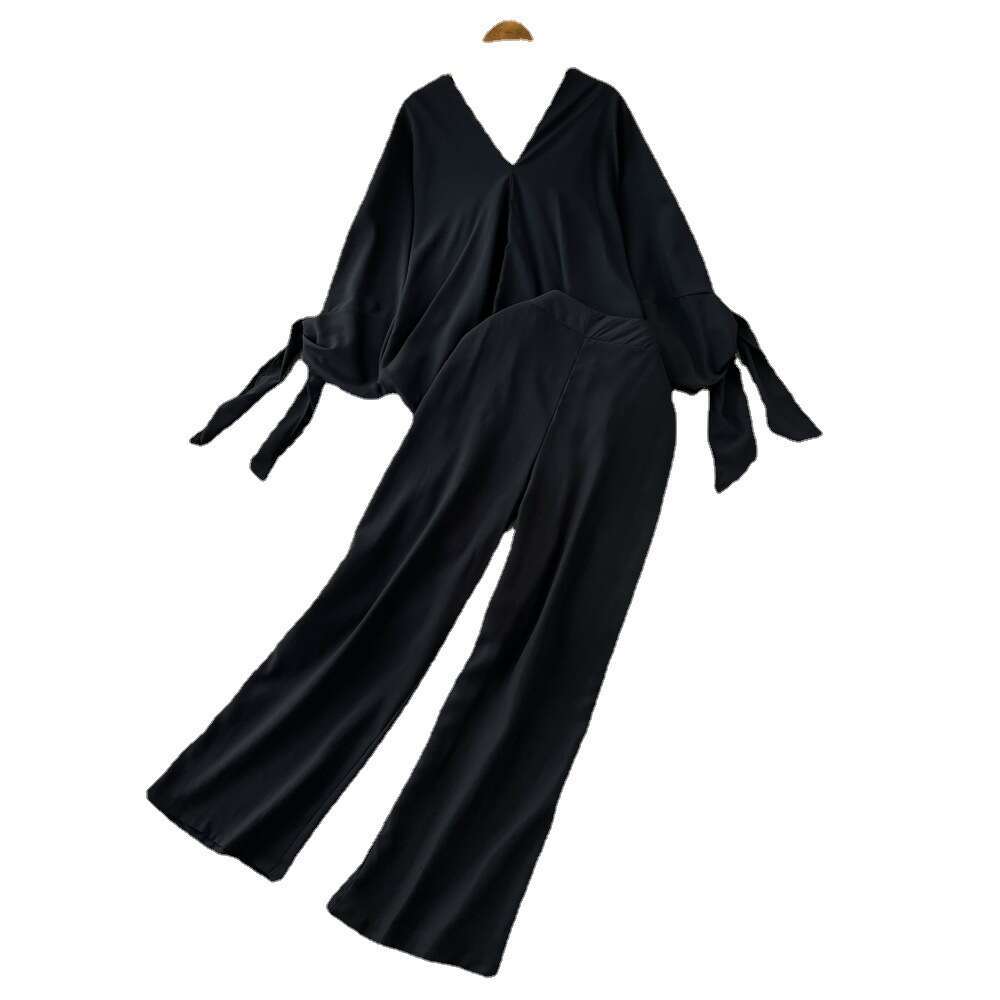 Fashion Set Womens Casual V-neck Loose Bat Sleeve Top with Two High Waisted Straight Wide Leg Long Pants Floral Dress Bifurcated Temperament Round Nec