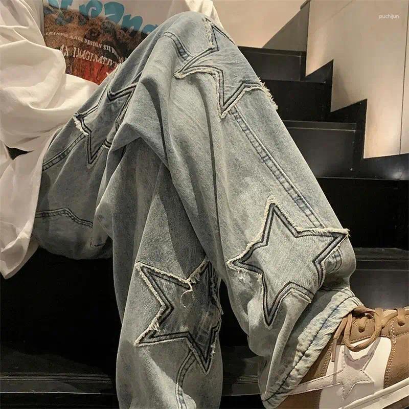 Men's Pants Star Embroidery Straight Casual Men Jeans Y2K Vintage Wide Leg Grunge Denim Pant Women Baggy Hip-hop Streetwear Girl Trouser
