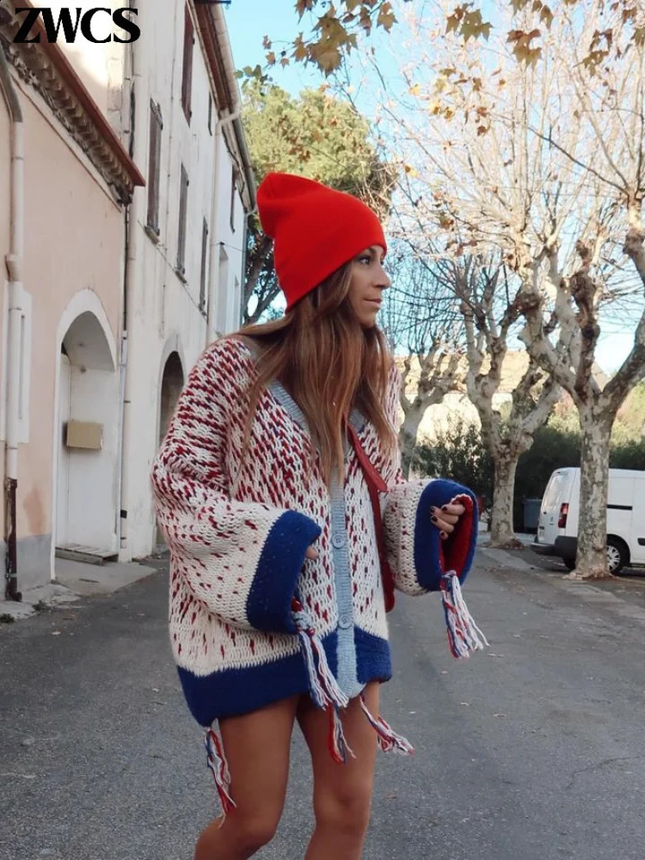 Knitted Tassel Contrast Color Cardigans Women Single Breasted V-neck Loose Sweater Spring Fashion Ladies Casual Knitwear 240717