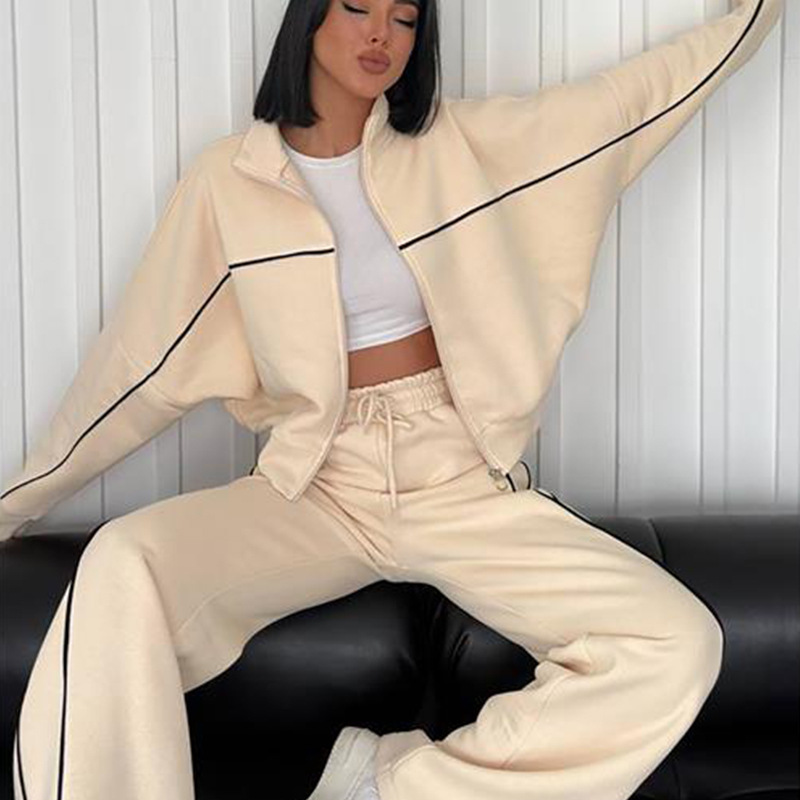 A456 Women's 3D Sier Long Sleeve Semi-high Neck Jackets Sweater Sports Striped Pants Leisure Suit
