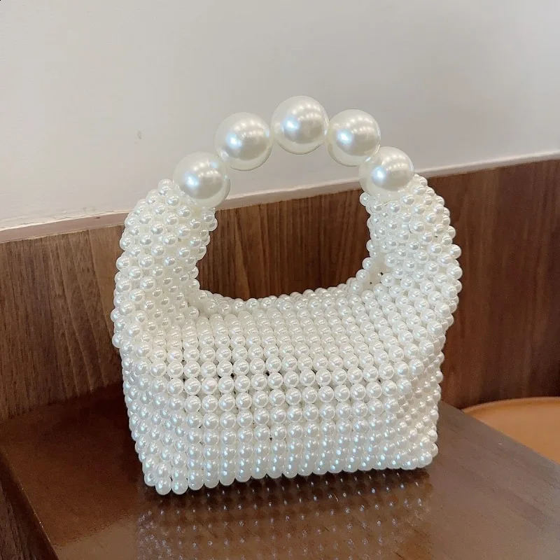 Beaded Woven Tote Bags for Women Pearl Purses and Handbags Ladies Evening Party Hand Holiday Purse 240819