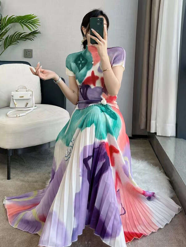 Leisure Time Original Quality Three House Pleated Lining Printed Suit Womens Sets Chiffon Floral Dress Fishtail Dress Novelty Short Lace Dress Denim D