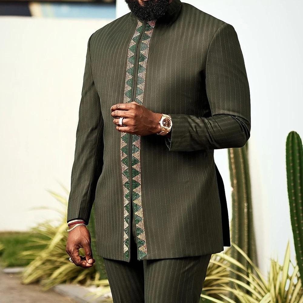 Kaftan Men Wedding Suits Groom Embroidered Pocket Top And Pants Kaunda Suit African casual Outfits Party Fashion Two-piece Set 240813