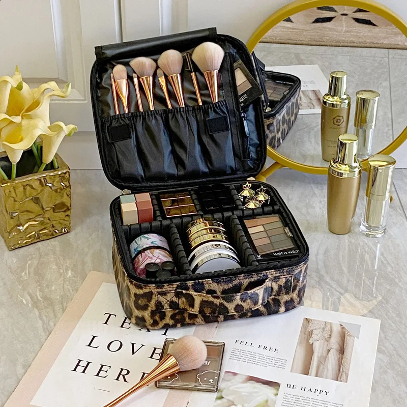 PU Leather Travel Large Capacity Beauty Makeup Case Leopard Waterproof Cosmetic Bag 240805