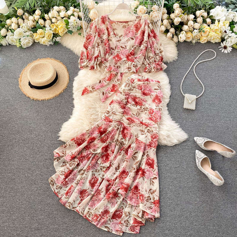 Vacation Style Two-piece Set, New Womens Short Strap Chiffon Shirt, Sexy and Feminine Fishtail Skirt Autumn Dress Women Short Temperament Novelty Deni