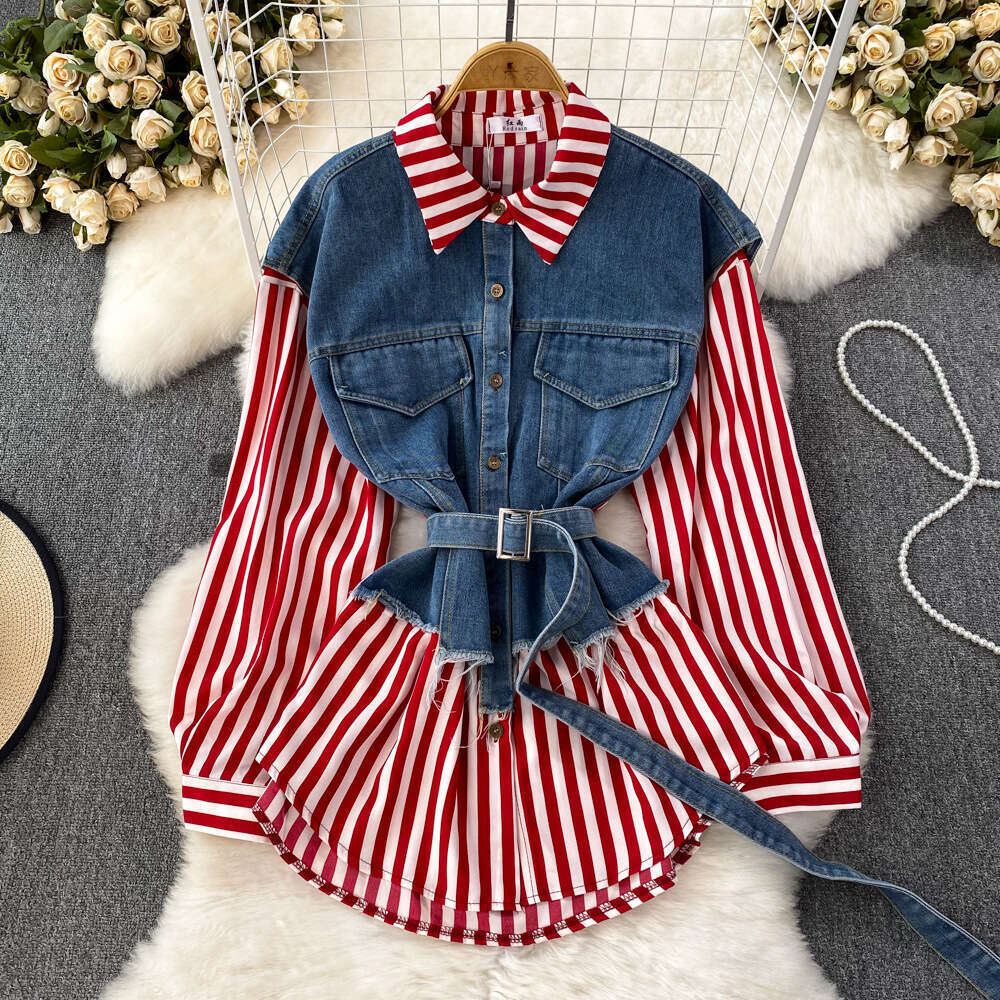 Spring and Autumn Korean Style Fake Two Loose Denim Vests with Striped Shirts for Womens Casual Irregular Top Temperament Novelty Oversize Dress Silk 