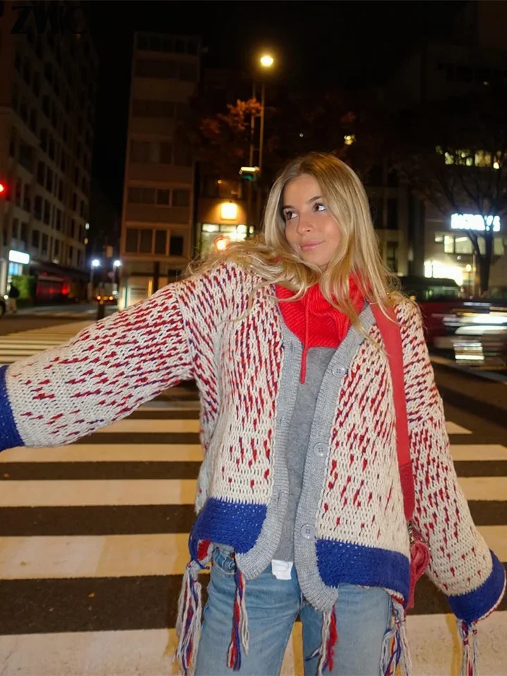 Knitted Tassel Contrast Color Cardigans Women Single Breasted V-neck Loose Sweater Spring Fashion Ladies Casual Knitwear 240717