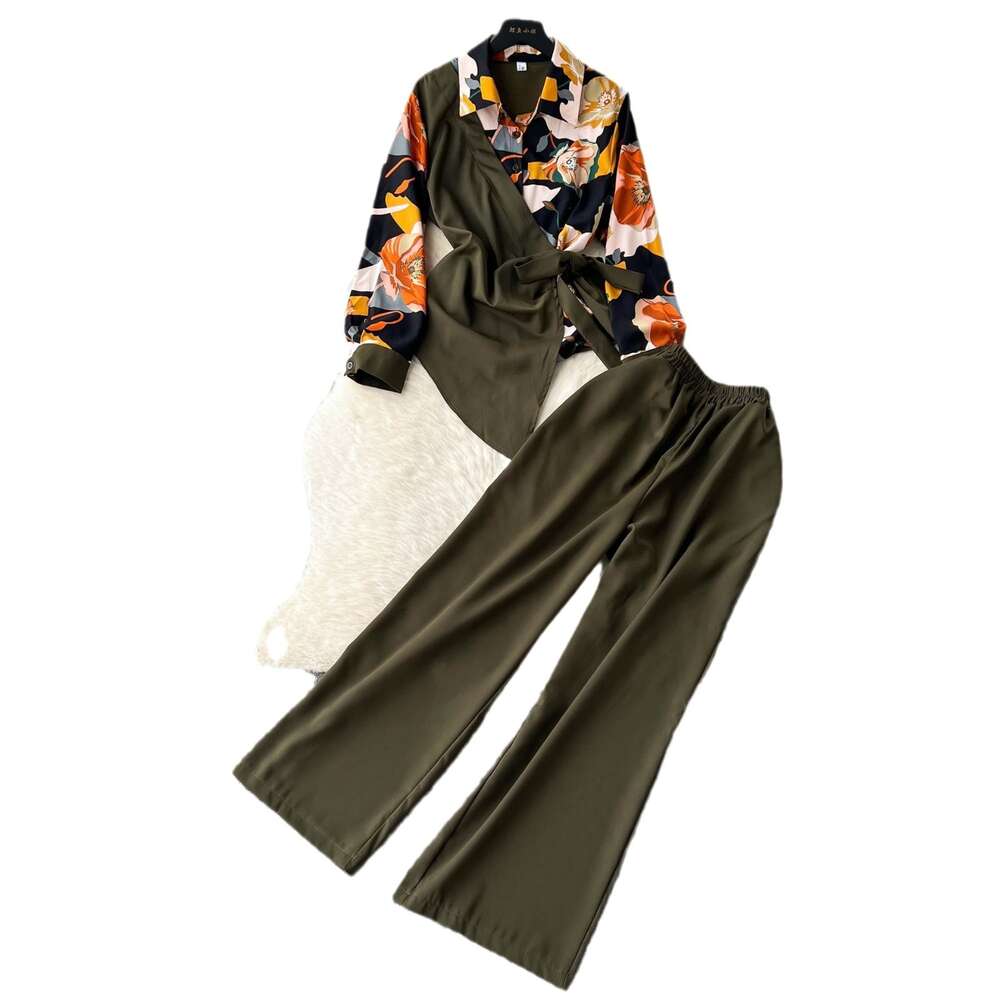 Two Piece Set of Irregular Printed Shirt with Tied Waist and High Waisted Slim Wide Leg Pants for Women Novelty Self-cultivation SKINNY DRESS BOHO DRE