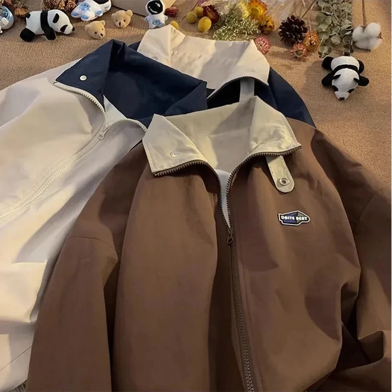 Y2K Vintage Jackets Women Autumn Bf Harajuku Oversized Streetwear Casual Windbreaker Korean Solid Lapel Zipper All-Match Coats 240722