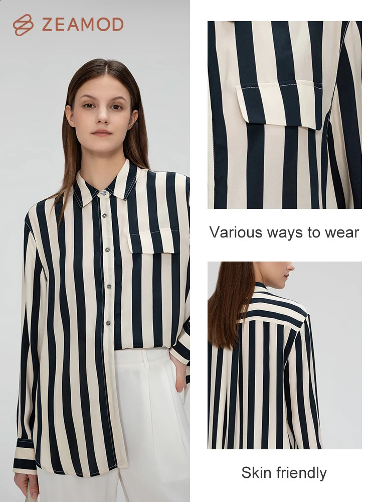 ZEAMOD Womens 100% Silk Shirt Ladies Blue White Pinstripes Blouse with V Neck and Long Sleeve Work Casual All Season 240715