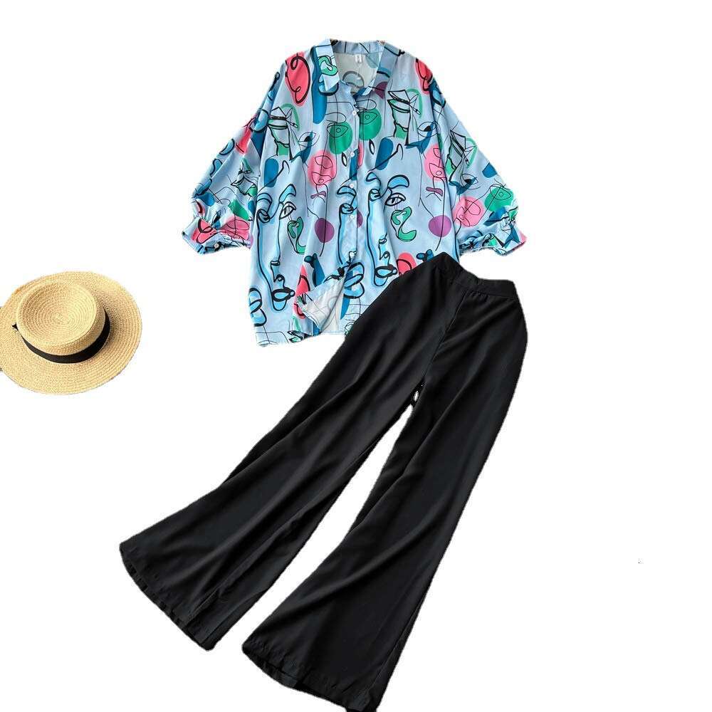 Instagram Style Printed Shirt Wide Leg Pants Two-piece for Autumn New High-end Commuting Professional Set Bifurcated Loose Pregnant Womens Dress SKINN