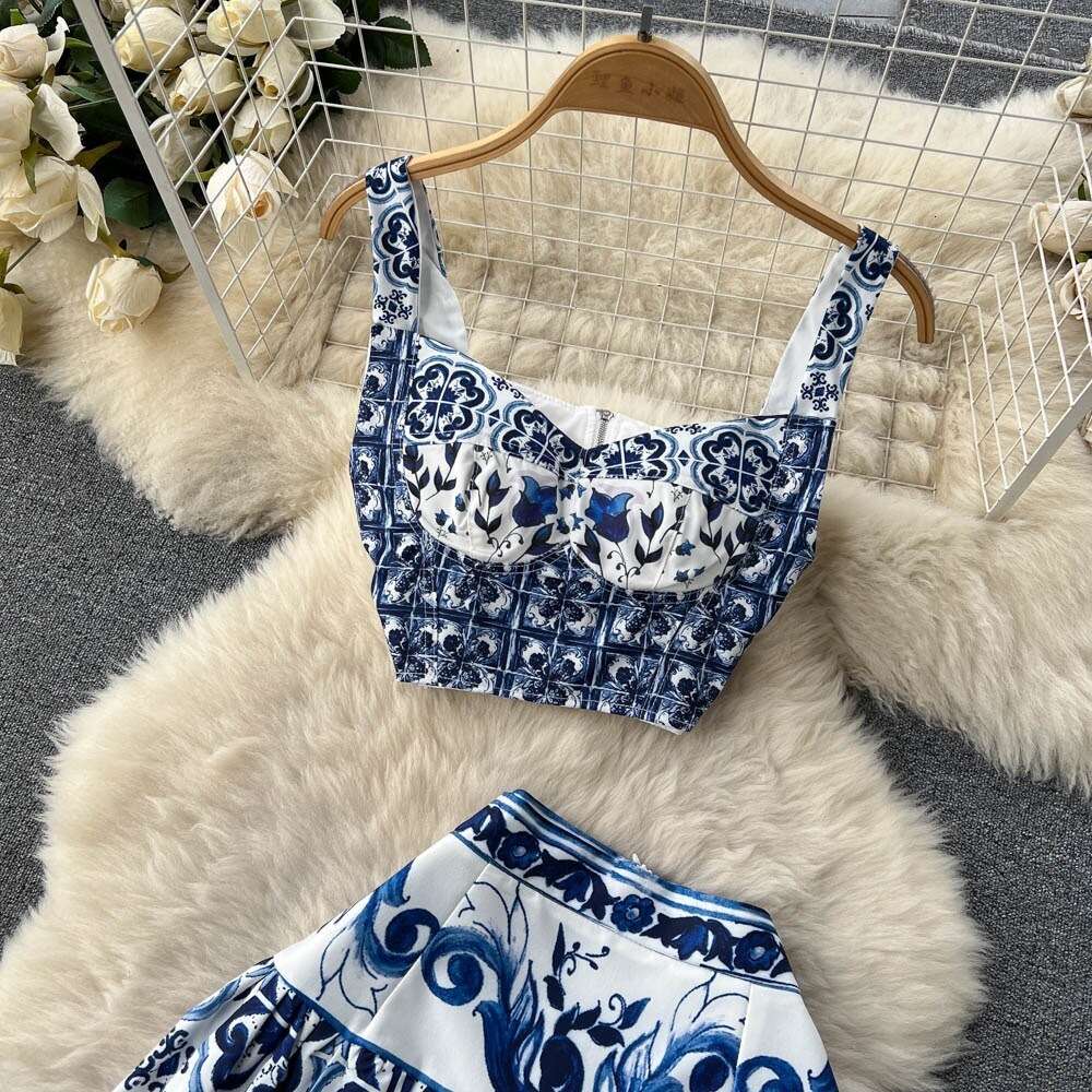 Blue and White Porcelain Printing Set for Womens Three Dimensional Chest Cushion Short Bra Sling+two Pleated Skirts Bifurcated High Waist Dress BOHO D