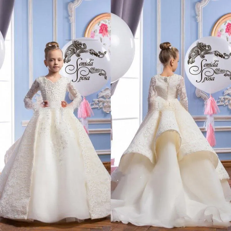 wer Girls For Wedding Long Sleeves with Pearls First Communion V Neck Lace Ball Gown Pageant Dresses