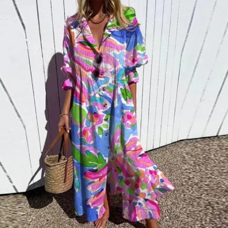 Women Retro Geometry Circle Print Long Dress Spring Single Breasted Lapel Shirt Dress Summer Puff Short Sleeve A-Line Boho Dress 240723