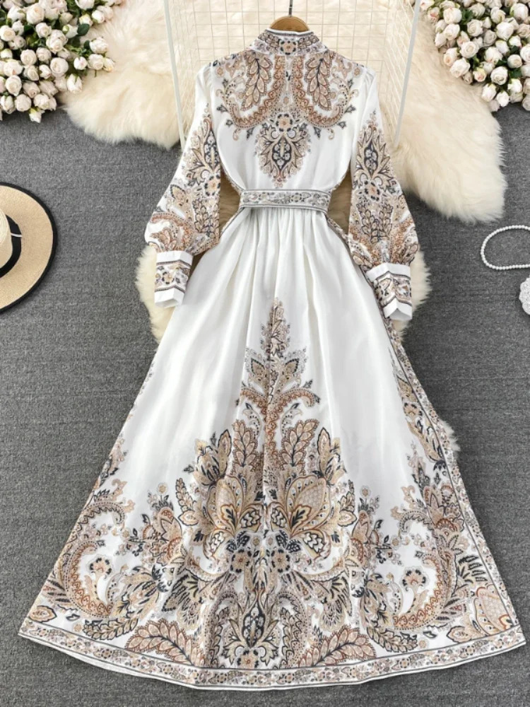 Women Vintage Long Dress Fashion Print A-line Ruffled Elegant Floral Party Dresses Ladies Long Sleeve Casual Long Robe Vestidos 240723