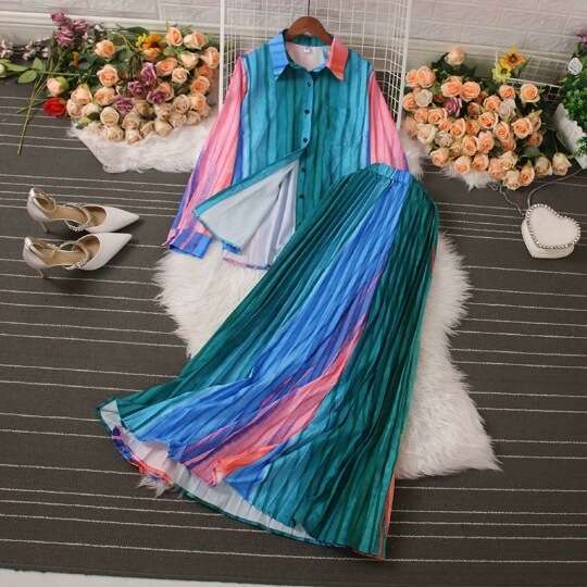 Temperament Womens New Light Mature Wind and Snow Spinning Grade Long Sleeved Top High Waist Hundred Pleated Half Skirt Set of Two BOHO DRESS SKINNY D