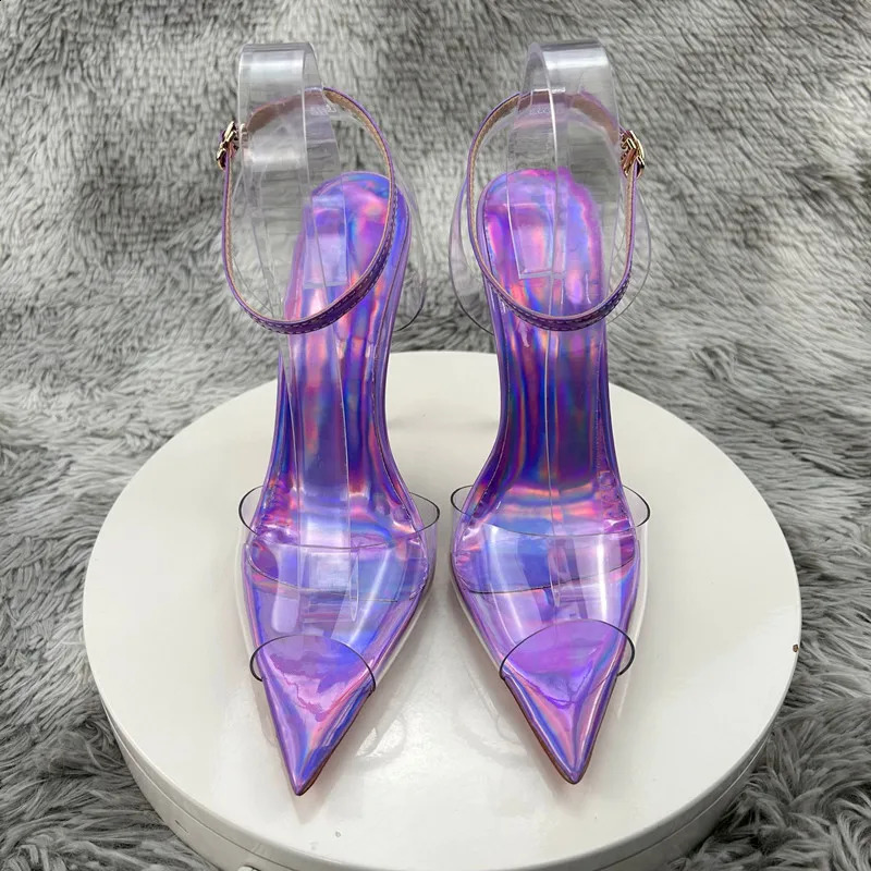 Laser Purple Women Sexy Summer Sandals PVC Pointed Toe Shoes est Slingback Shoes Thin Heels Party Ankle Buckle Ladies 240708