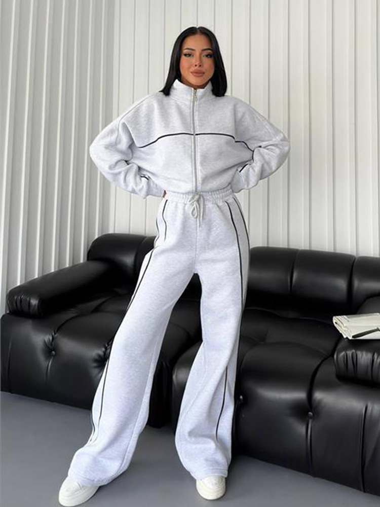 A456 Women's 3D Sier Long Sleeve Semi-high Neck Jackets Sweater Sports Striped Pants Leisure Suit