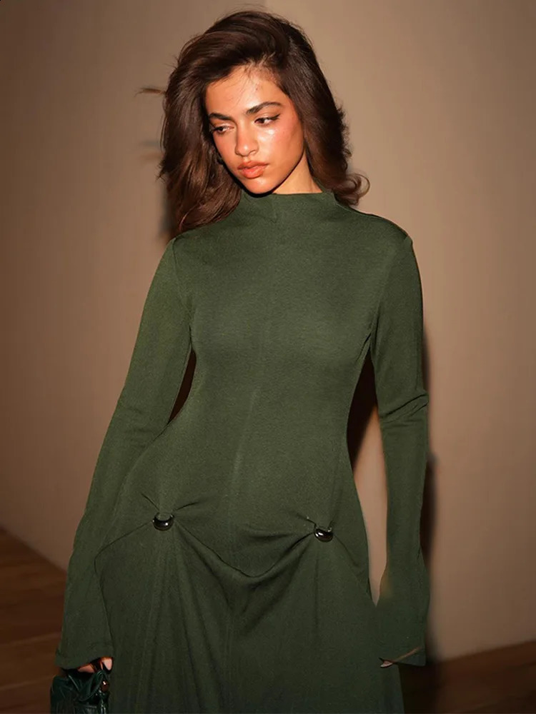 Irregular Pleated Solid Slim Maxi Dress Women Elegant Half High Collar Long Sleeved long Dresses Female Party Evening Robes 240722