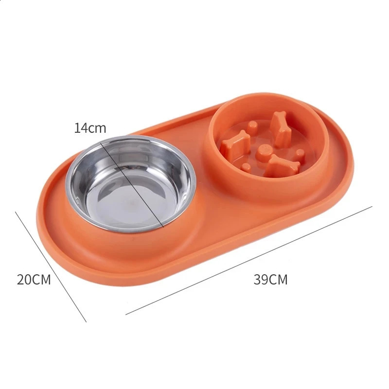 Dog Cat Double Bowl Pet Food Feeder Water Drinking Dispenser With Silicone Pad Stainless Steel Anti Clogging And Slip Basin