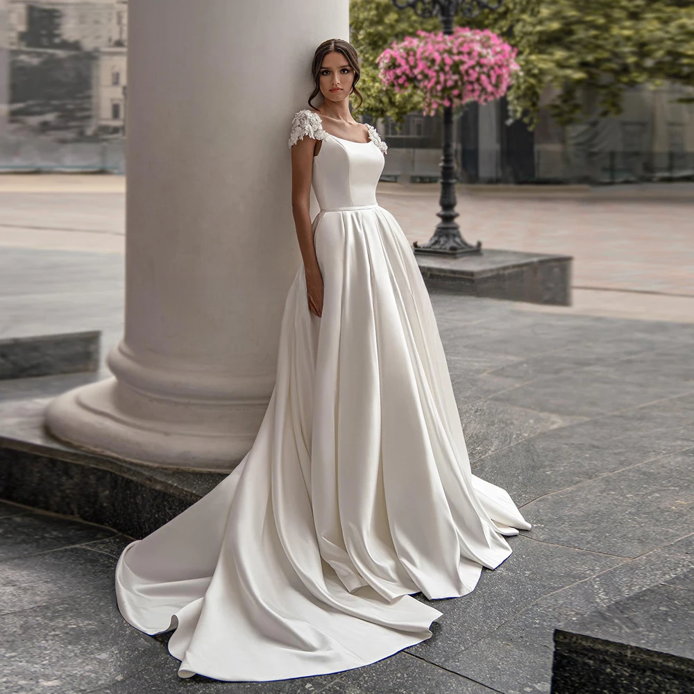 Gorgeous Satin Wedding Dresses Cap Sleeve Scoop Neck Wers Court Train A E Princess Bridal Gowns With Pockets Vestidos De 0219