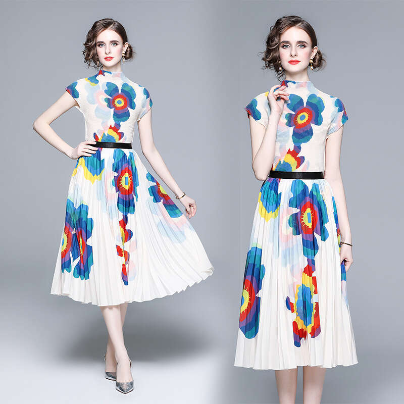 3.2 Meter Oversized Skirt Hem 2023 Western Style Printed Three House Wrinkled Fashion Set of Two Pieces Bifurcated Temperament Oversize Dress Denim Dr