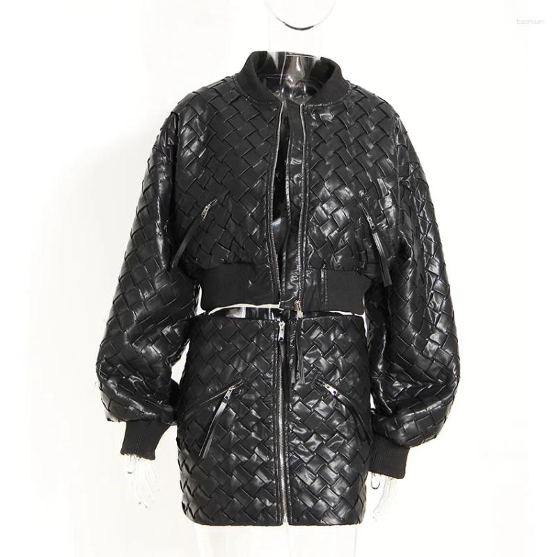 Womens Jackets Streetwear Woven Faux Leather Cropped Puffer Women 2024 Fall Winter Warm Long Sleeve Goth Motorcycle Bomber Coat Outwear