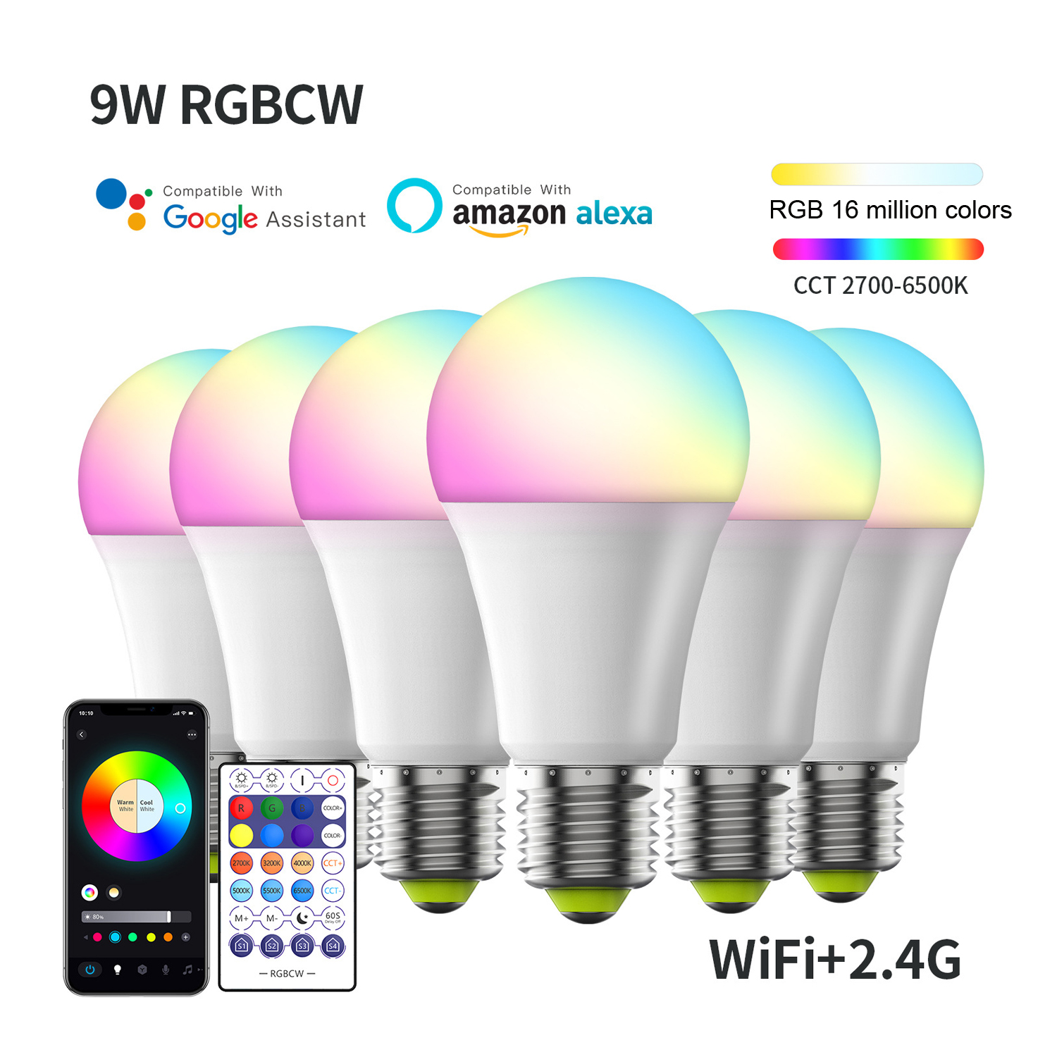 Smart Light Bulbs with Remote 9W 10W E27 800LM LED Color Changing Lights Bulb WiFi Blue tooth 5.0 Warm to Cool White Dimmable RGB Home Lighting Work w