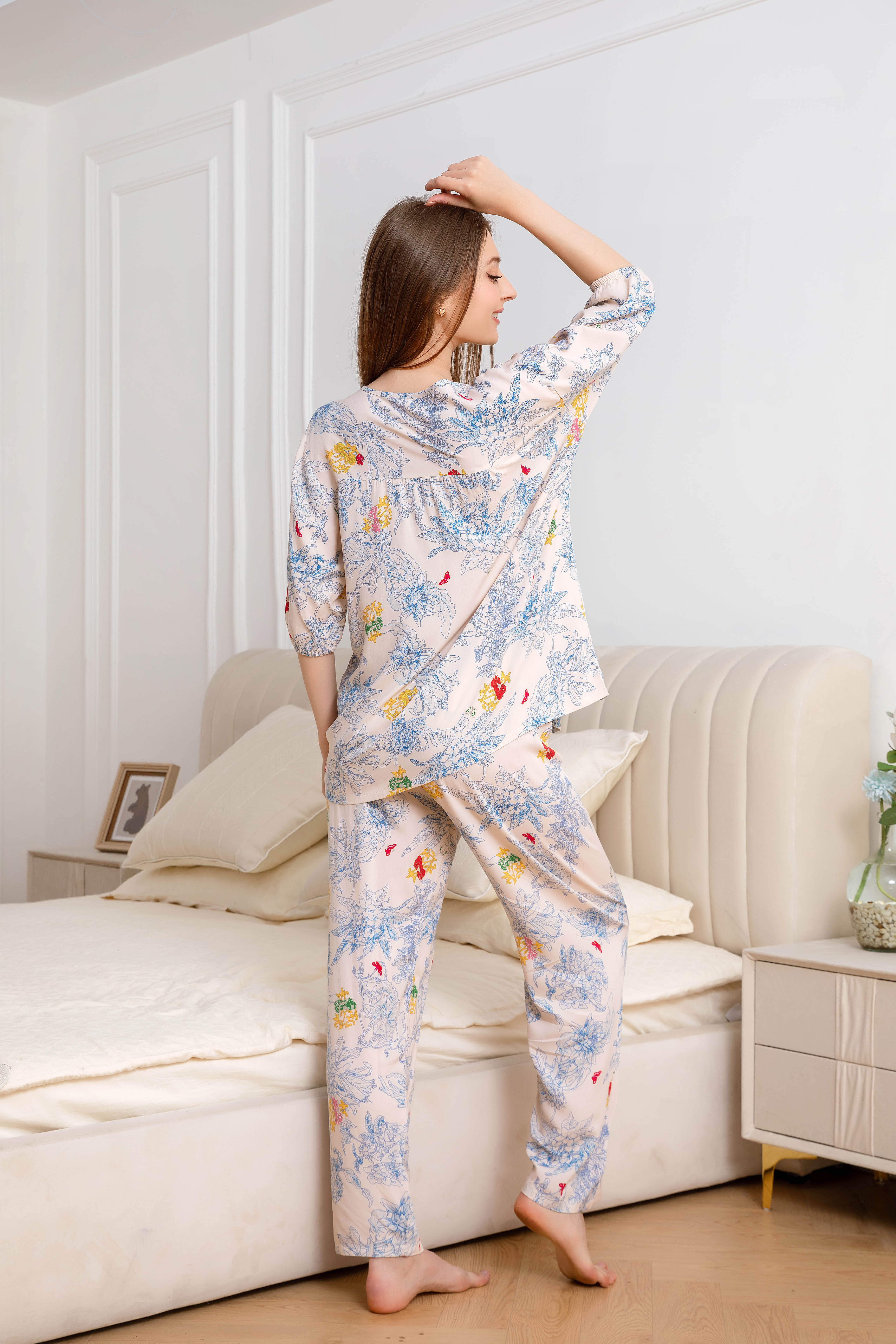 Women's home clothes, pajamas, light pink blue floral stamen pants set C207