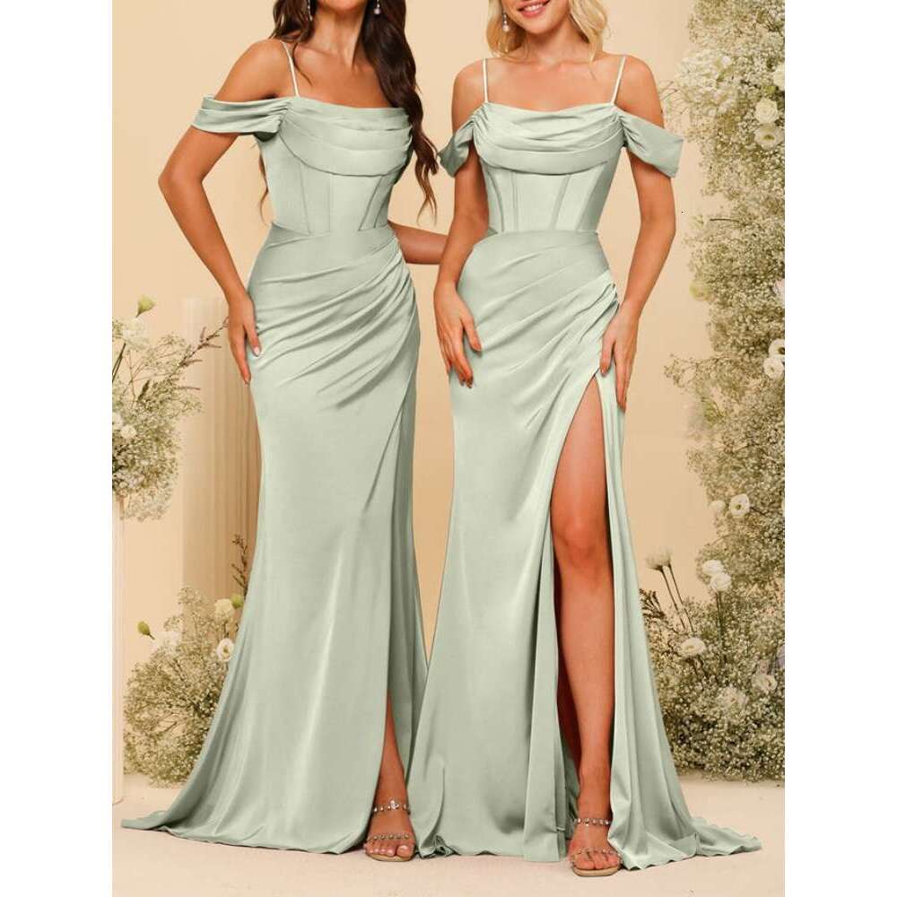 Satin Spaghetti Straps Long Bridesmaid Dresses Off-The-Shoulder Split Side & Ruched Evening Gowns Elegant Backless Party Dress