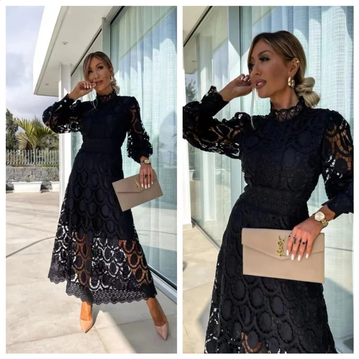 Elegant French Lace Dress For Women Hollow Out Stand Collar Commute Solid Color Long Sleeves Dresses Summer British Style Skirts 240723